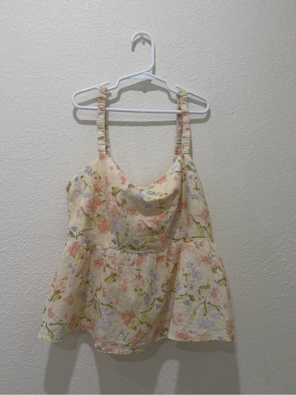 Cream Floral Peplum Cami Top with Ruched Straps